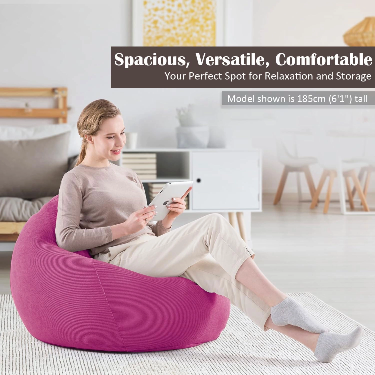 Nobildonna 3 ft Bean Bag Chair Cover (No Filler) 35"×43" Large Stuffed Animal Storage Bean Bag Washable Big Beanbag Chair Cover Premium Corduroy Bean Bag Cover for Adults,Kids,Rose Red 300L
