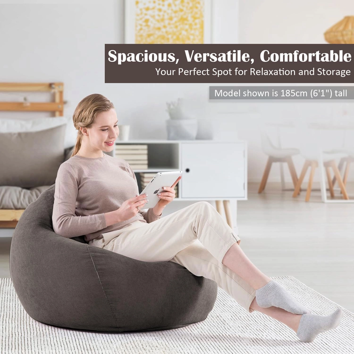 Nobildonna 3 ft Bean Bag Chair Cover (No Filler) 35"×43" Large Stuffed Animal Storage Bean Bag Washable Big Beanbag Chair Cover Premium Corduroy Bean Bag Cover for Adults,Kids,Warm Grey 300L