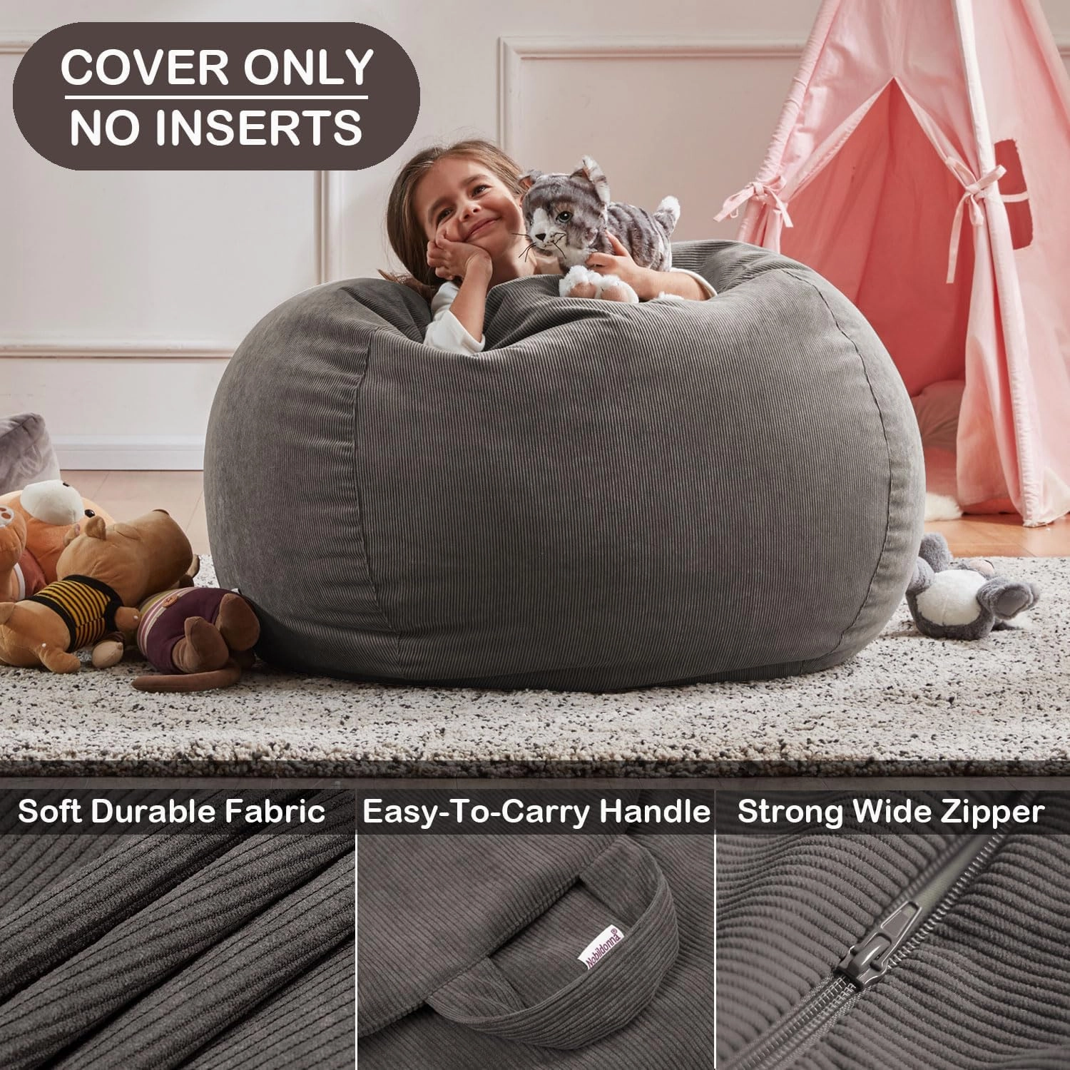 Nobildonna 3 ft Bean Bag Chair Cover (No Filler) 35"×43" Large Stuffed Animal Storage Bean Bag Washable Big Beanbag Chair Cover Premium Corduroy Bean Bag Cover for Adults,Kids,Warm Grey 300L