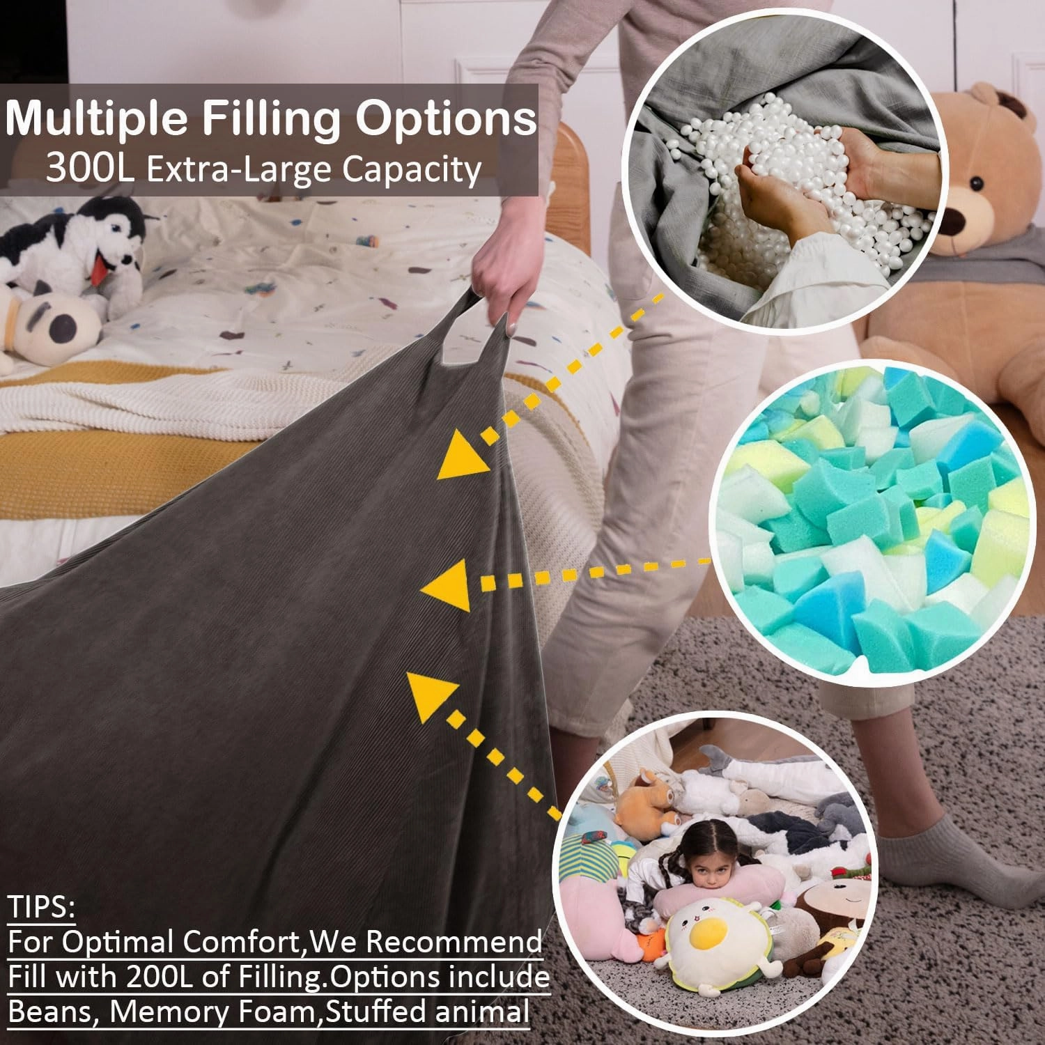 Nobildonna 3 ft Bean Bag Chair Cover (No Filler) 35"×43" Large Stuffed Animal Storage Bean Bag Washable Big Beanbag Chair Cover Premium Corduroy Bean Bag Cover for Adults,Kids,Warm Grey 300L