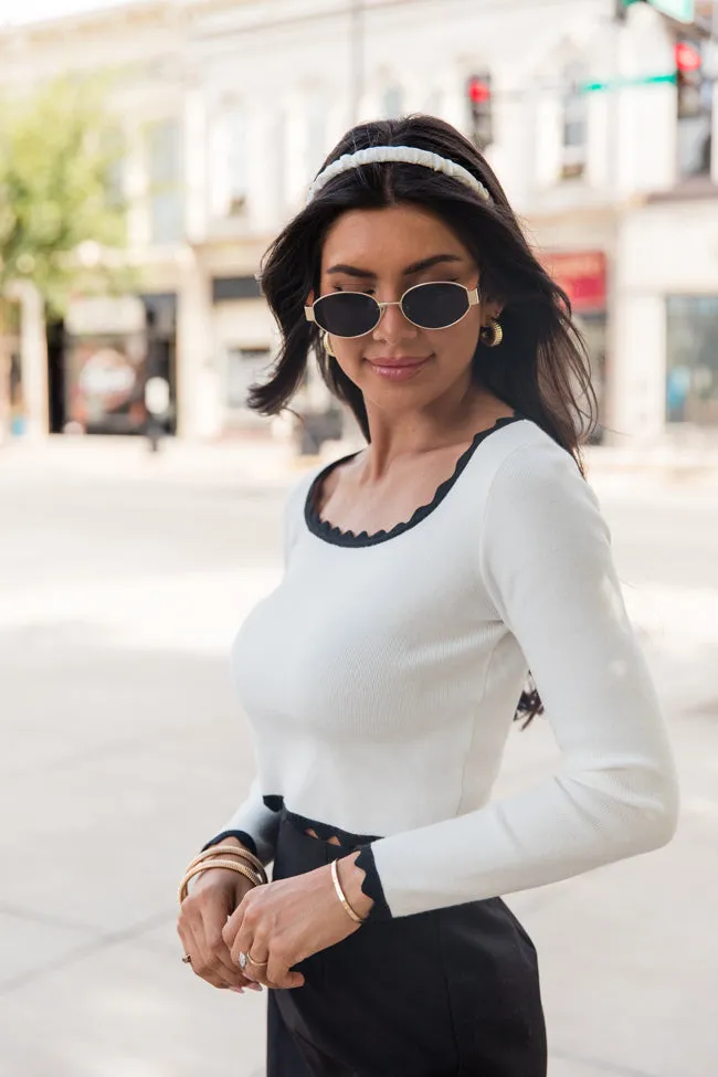 Not Much Different Ivory and Black Contrast Scalloped Hem Sweater FINAL SALE