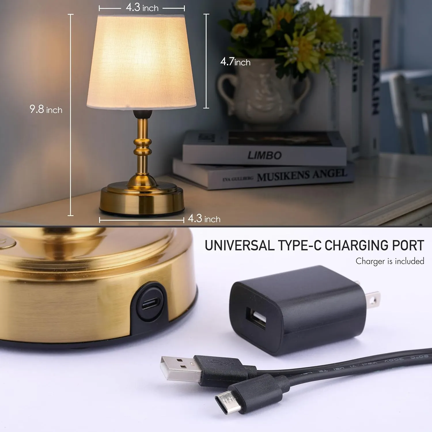 O’Bright Seraph Mini – Cordless LED Table Lamp with Dimmer, Built-in Rechargeable Battery, 3-Level Brightness, Patio Table Lamp, Bedside Night Lamp, Ambient Light for Restaurant, Antique Brass
