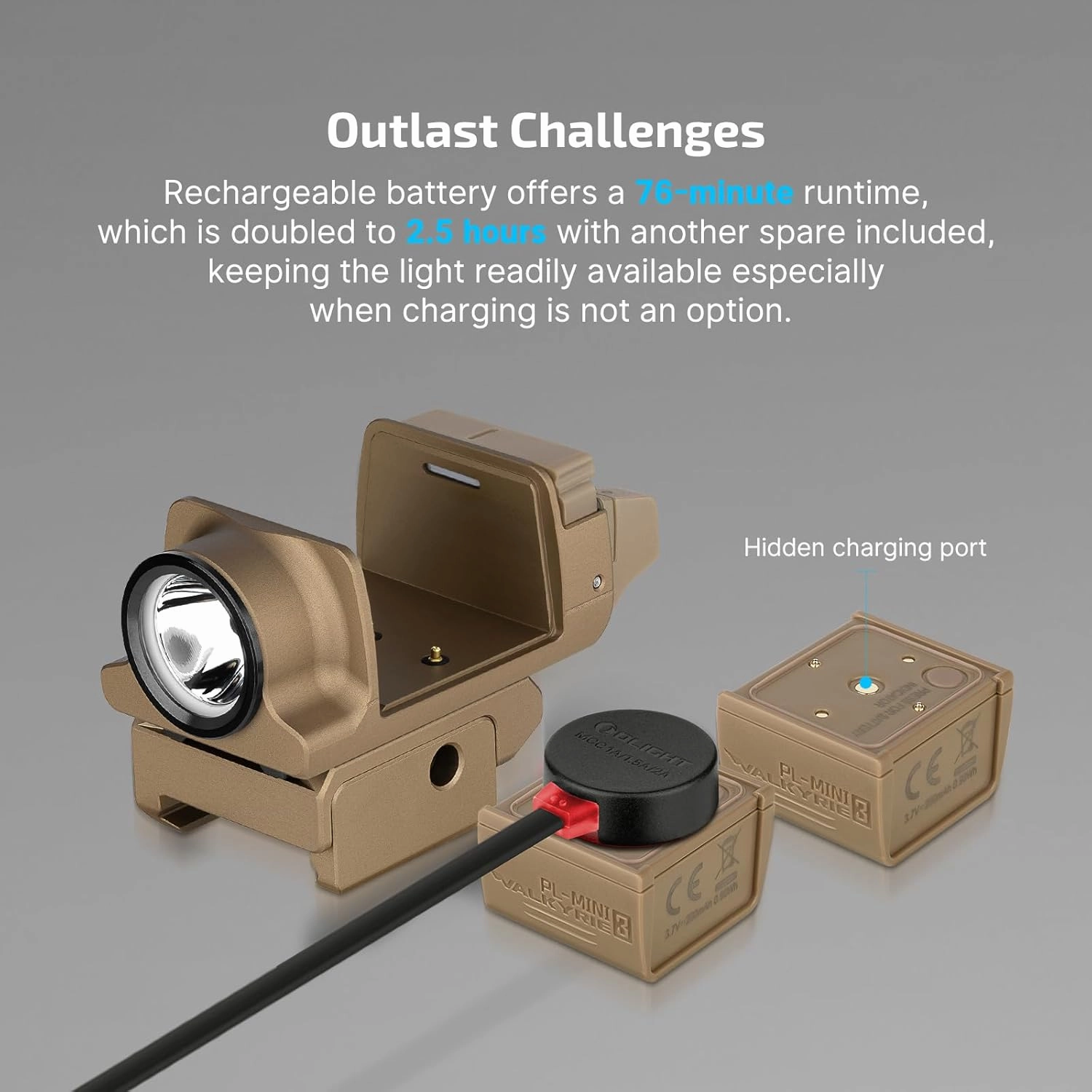 OLIGHT PL-Mini 3 Valkyrie 600 Lumens Compact Tactical Picatinny/GL/Hellcat Rail-Mounted Weaponlight with Two Included Rechargeable and Removable Battery, Pistol Light with Strobe Mode (Desert Tan)