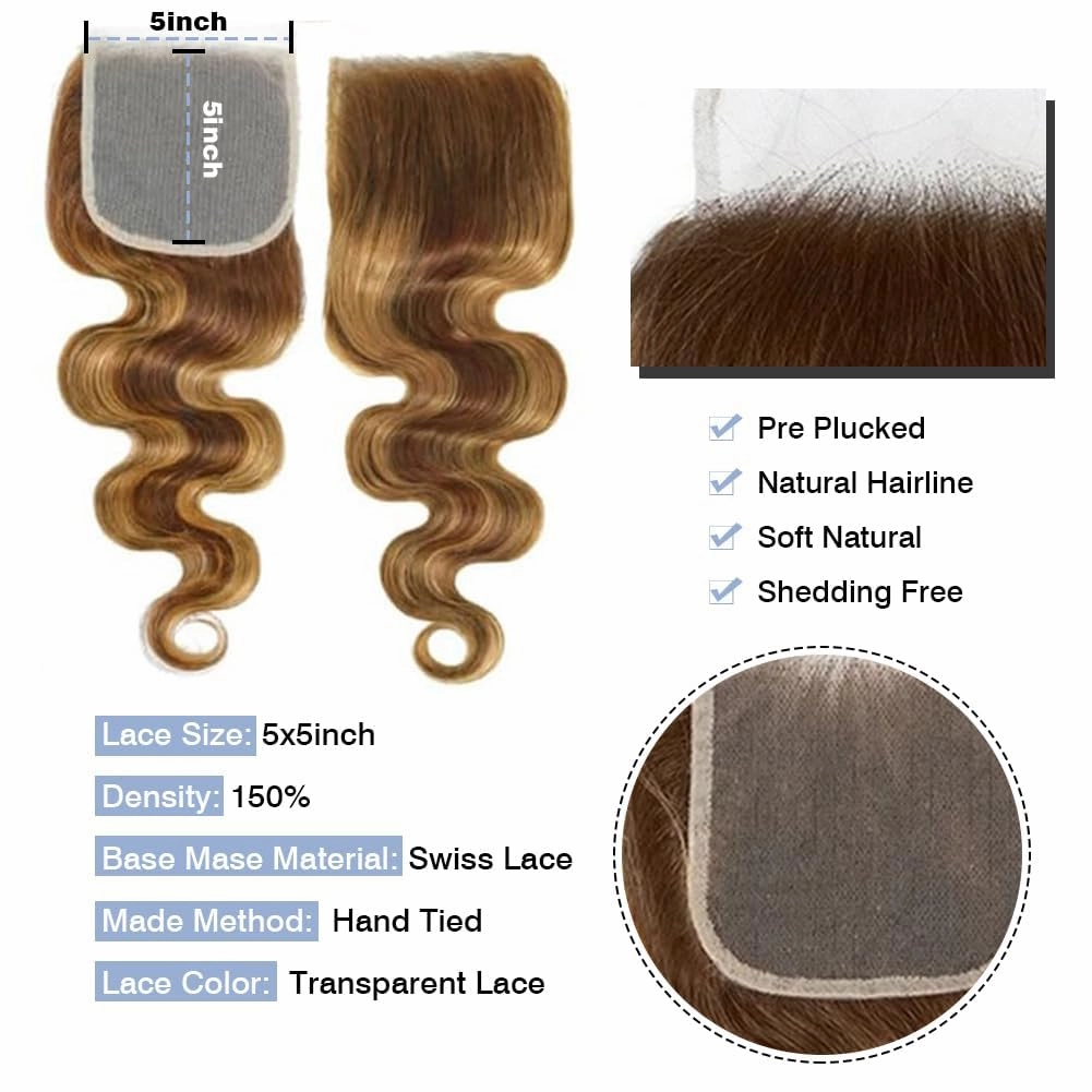 Ombre Brown Highlight Body Wave Human Hair Bundles with 5x5 Closure Unprocessed Blonde Highlight Body Wave 4 Bundles with 5x5 Transparent Swiss Free Part Lace Closure Piano Color