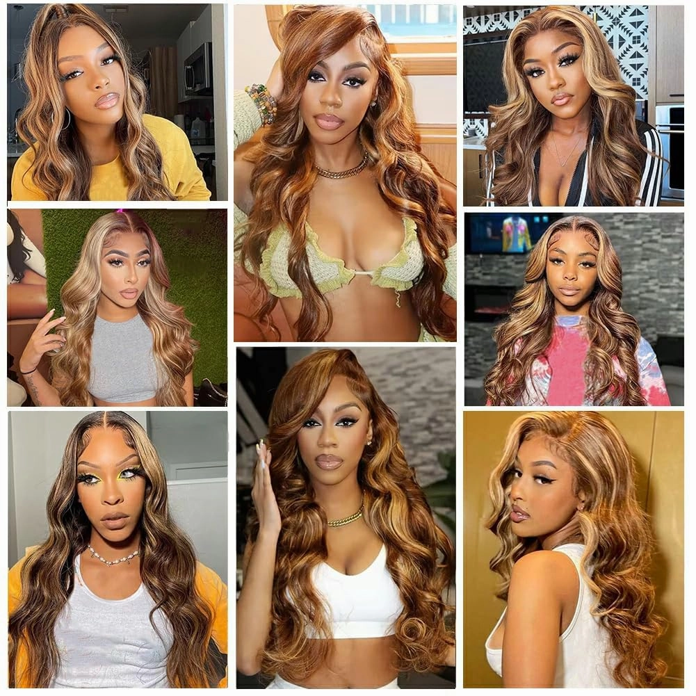 Ombre Brown Highlight Body Wave Human Hair Bundles with 5x5 Closure Unprocessed Blonde Highlight Body Wave 4 Bundles with 5x5 Transparent Swiss Free Part Lace Closure Piano Color
