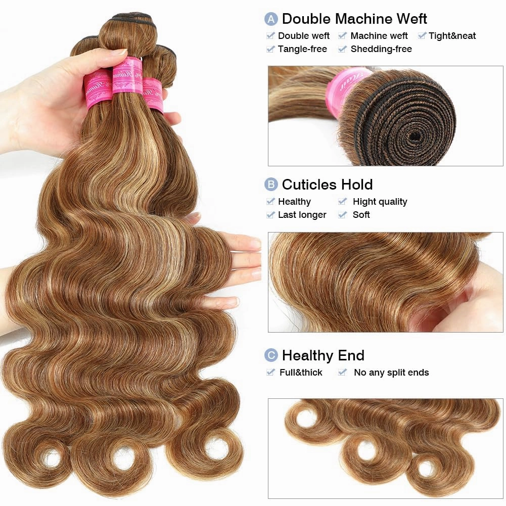 Ombre Brown Highlight Body Wave Human Hair Bundles with 5x5 Closure Unprocessed Blonde Highlight Body Wave 4 Bundles with 5x5 Transparent Swiss Free Part Lace Closure Piano Color