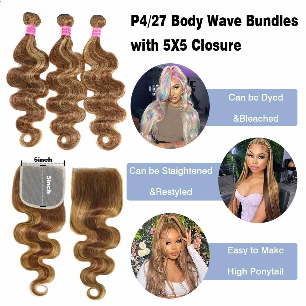 Ombre Brown Highlight Body Wave Human Hair Bundles with 5x5 Closure Unprocessed Blonde Highlight Body Wave 4 Bundles with 5x5 Transparent Swiss Free Part Lace Closure Piano Color