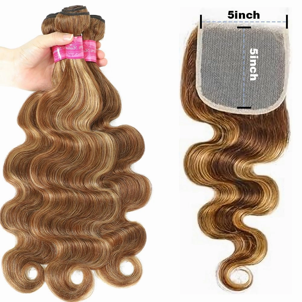 Ombre Brown Highlight Body Wave Human Hair Bundles with 5x5 Closure Unprocessed Blonde Highlight Body Wave 4 Bundles with 5x5 Transparent Swiss Free Part Lace Closure Piano Color