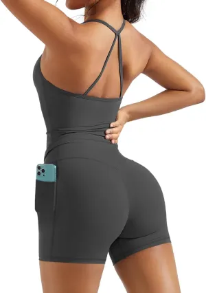 OMKAGI 2 Piece Workout Sets for Women Padded Sports Bra Tank Booty Gym Shorts with Pockets