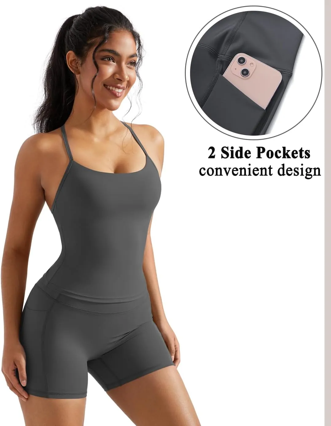 OMKAGI 2 Piece Workout Sets for Women Padded Sports Bra Tank Booty Gym Shorts with Pockets