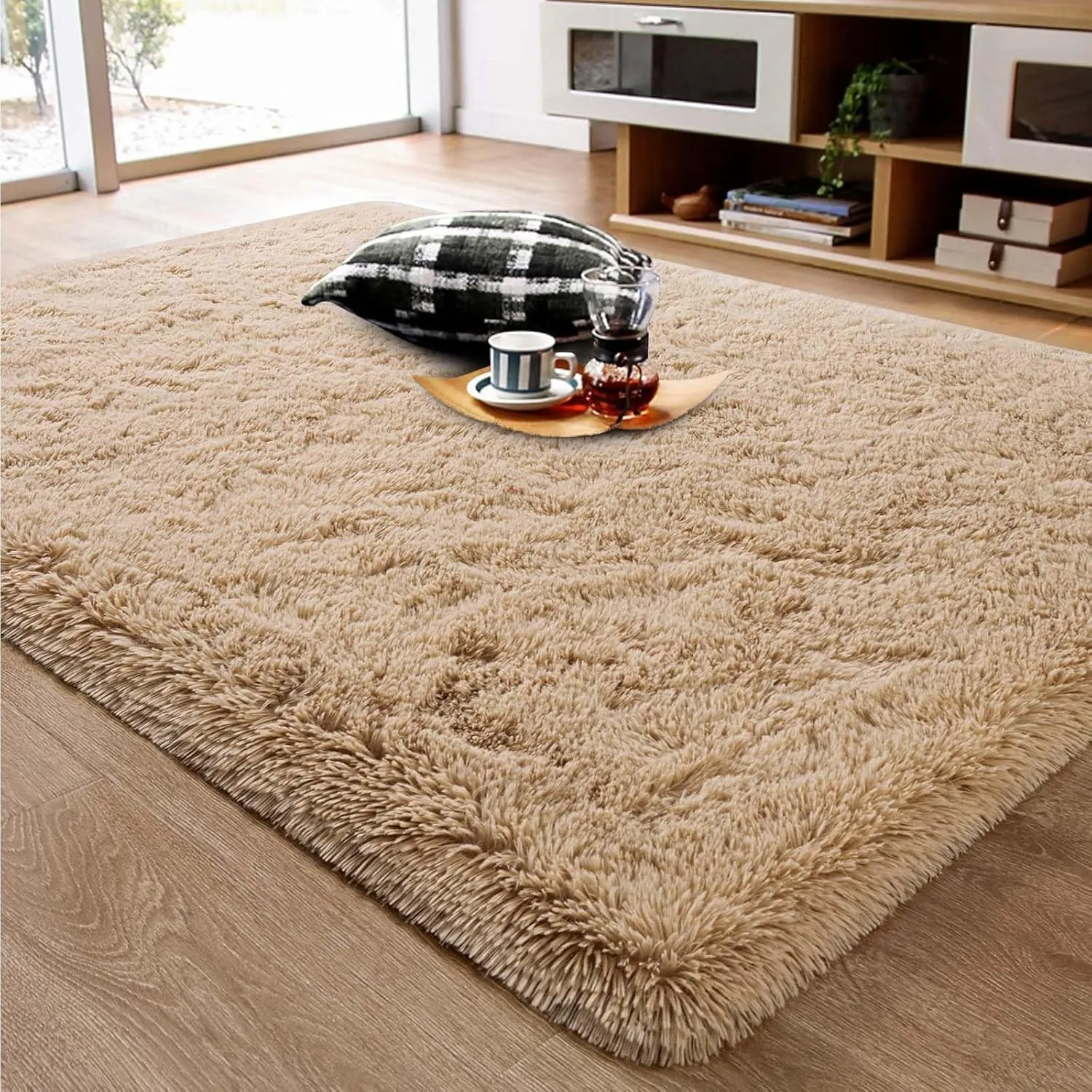 Ompaa Fluffy Area Rugs, Super Soft Shaggy Rug Fuzzy Long Fur Carpets for Bedroom Living Room Decor, 4 x 6 Feet Beige