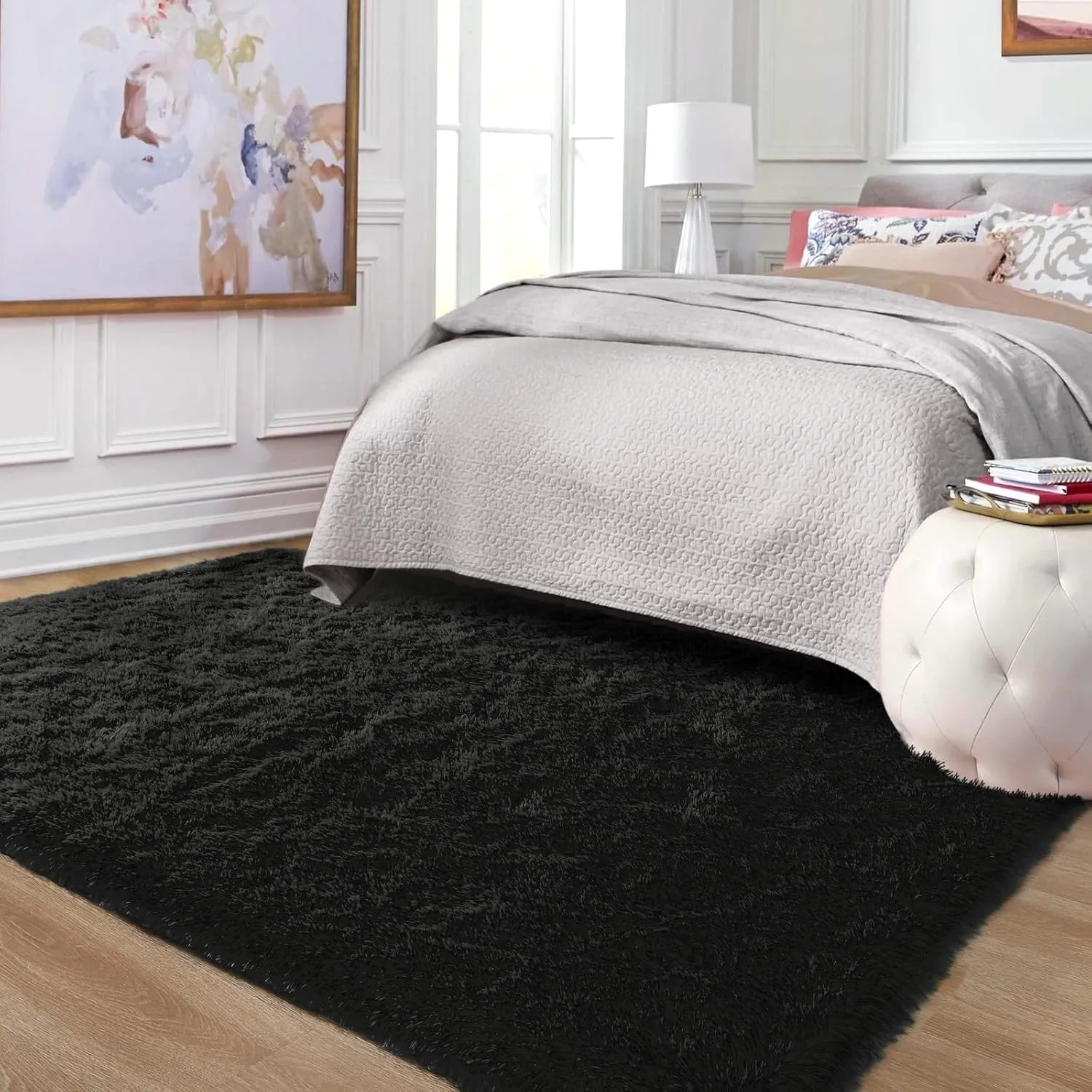 Ompaa Super Soft Fluffy Bedroom Area Rug 4x6 Feet Black Living Room Shag Rugs, Faux Long Fur Non-Slip Carpet for Kids Babys Girls Boys Rooms, Nursery Dorm Playroom Modern Indoor Decor