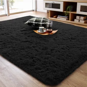 Ompaa Super Soft Fluffy Bedroom Area Rug 4x6 Feet Black Living Room Shag Rugs, Faux Long Fur Non-Slip Carpet for Kids Babys Girls Boys Rooms, Nursery Dorm Playroom Modern Indoor Decor