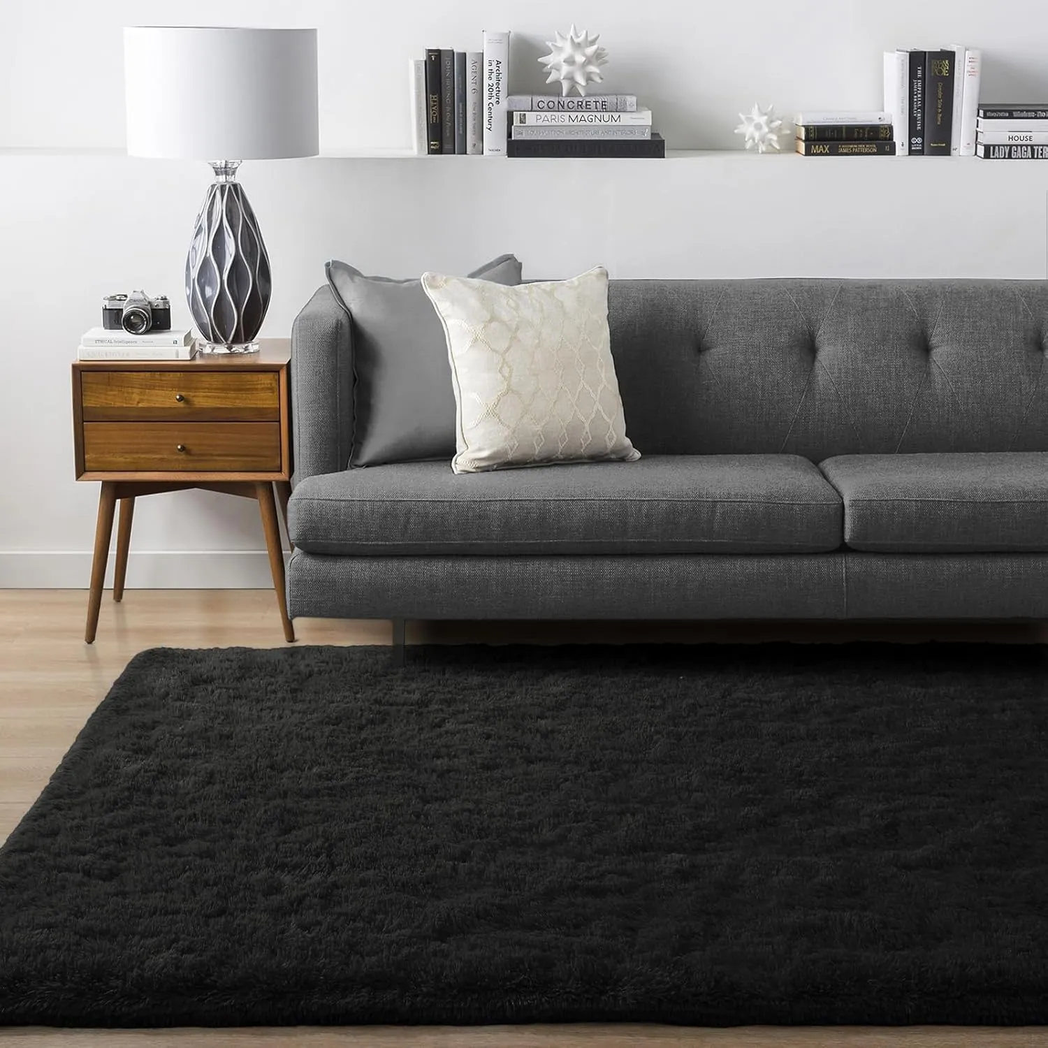 Ompaa Super Soft Fluffy Bedroom Area Rug 4x6 Feet Black Living Room Shag Rugs, Faux Long Fur Non-Slip Carpet for Kids Babys Girls Boys Rooms, Nursery Dorm Playroom Modern Indoor Decor
