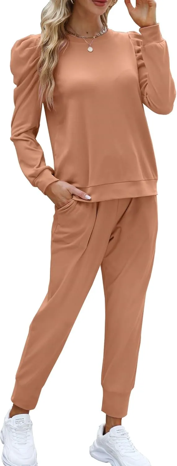 Onedreamer Sweatsuits for Women 2 Piece Outfits Puff Long Sleeve Crewneck Pullover Sweatshirt Jogger Lounge Sets