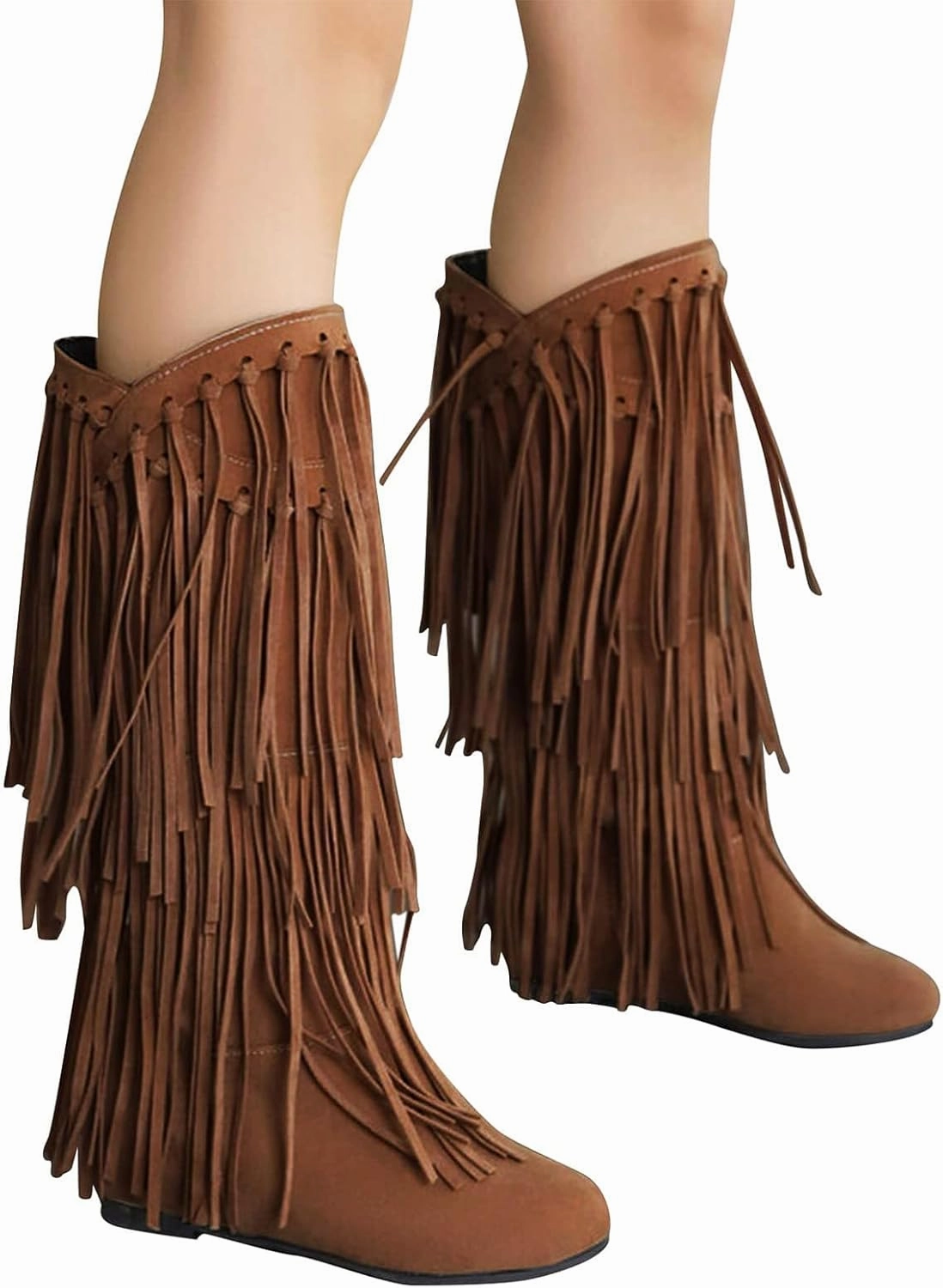 Optigard Women's Suede Plush Fringe Mid Calf Boots,Fashion Round Toe Pull On Retro Knee High Low Heel Dress Cowgirl Boots