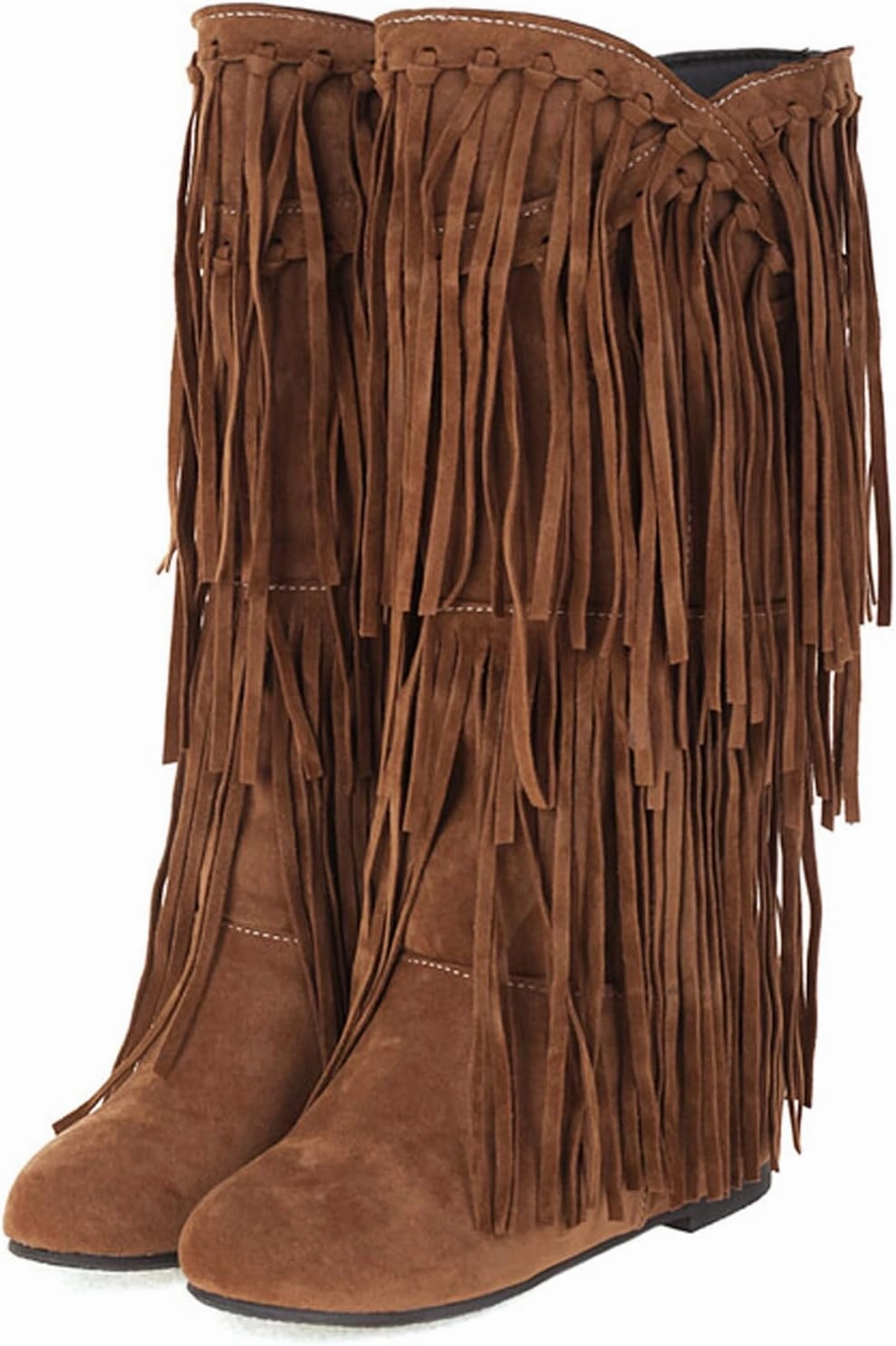 Optigard Women's Suede Plush Fringe Mid Calf Boots,Fashion Round Toe Pull On Retro Knee High Low Heel Dress Cowgirl Boots