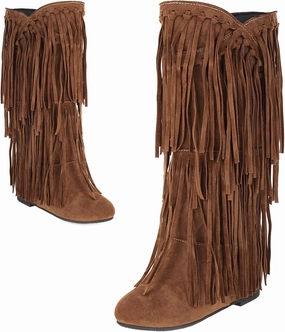Optigard Women's Suede Plush Fringe Mid Calf Boots,Fashion Round Toe Pull On Retro Knee High Low Heel Dress Cowgirl Boots