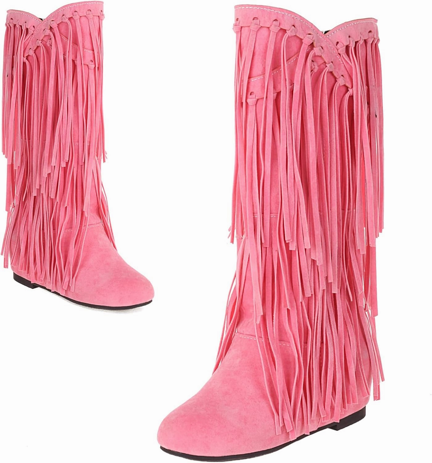 Optigard Women's Suede Plush Fringe Mid Calf Boots,Fashion Round Toe Pull On Retro Knee High Low Heel Dress Cowgirl Boots