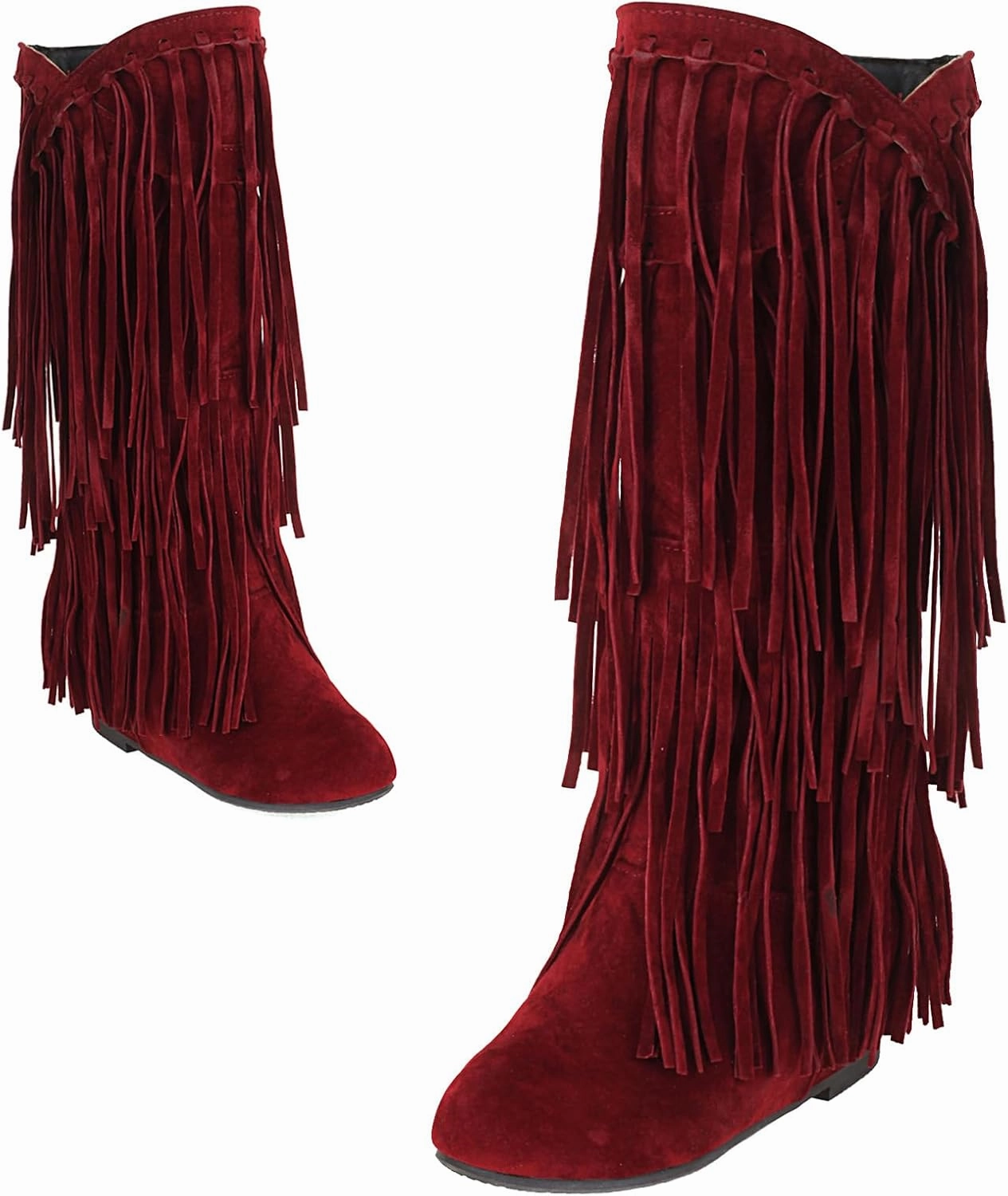 Optigard Women's Suede Plush Fringe Mid Calf Boots,Fashion Round Toe Pull On Retro Knee High Low Heel Dress Cowgirl Boots