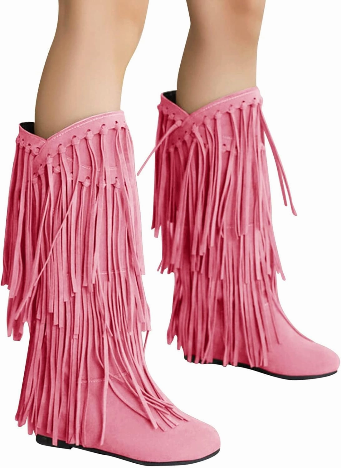Optigard Women's Suede Plush Fringe Mid Calf Boots,Fashion Round Toe Pull On Retro Knee High Low Heel Dress Cowgirl Boots