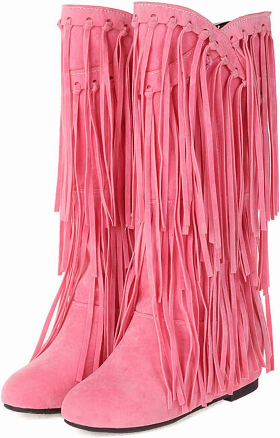 Optigard Women's Suede Plush Fringe Mid Calf Boots,Fashion Round Toe Pull On Retro Knee High Low Heel Dress Cowgirl Boots