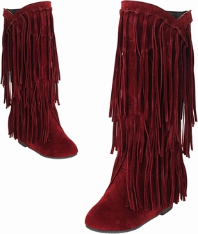 Optigard Women's Suede Plush Fringe Mid Calf Boots,Fashion Round Toe Pull On Retro Knee High Low Heel Dress Cowgirl Boots
