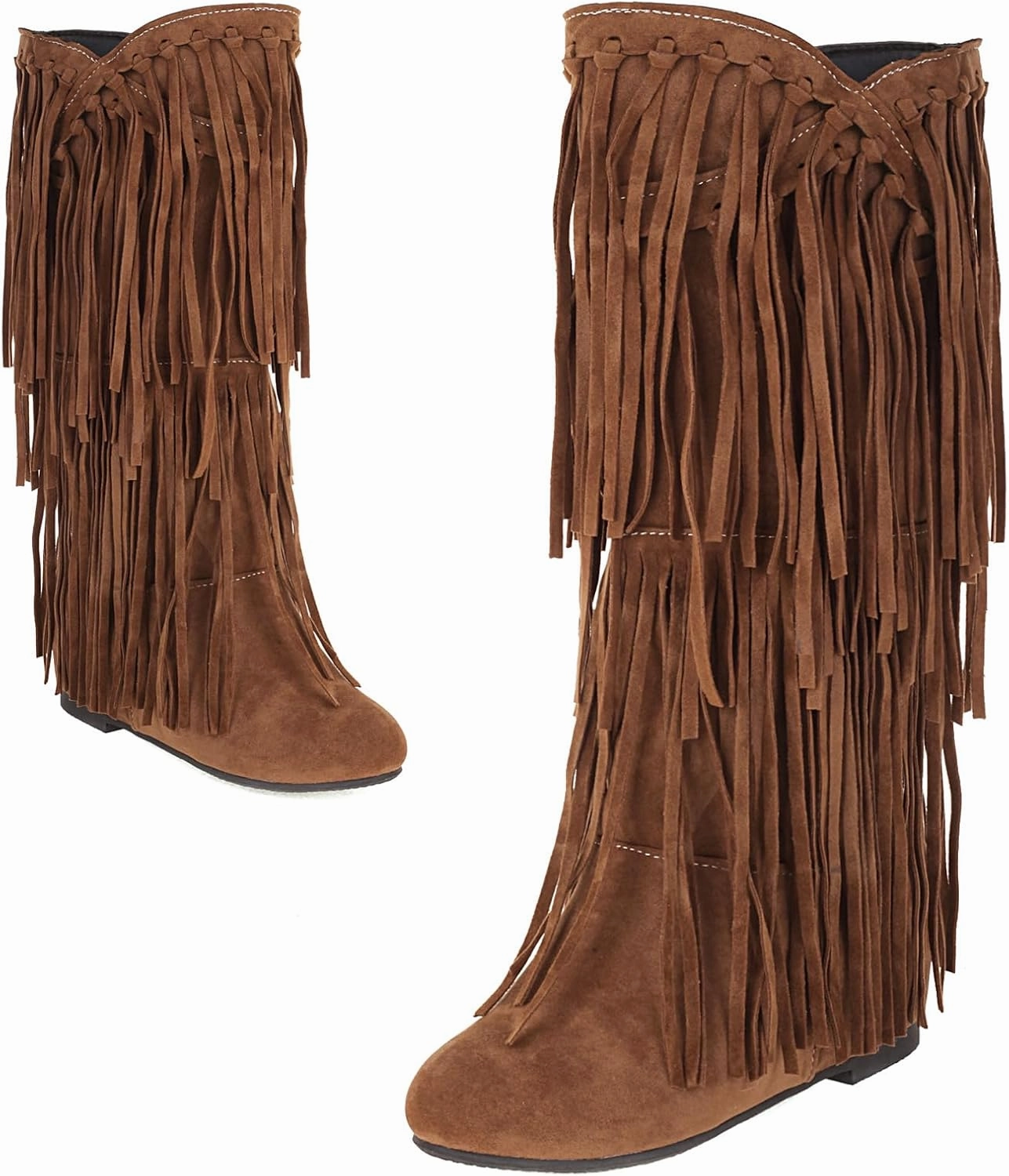 Optigard Women's Suede Plush Fringe Mid Calf Boots,Fashion Round Toe Pull On Retro Knee High Low Heel Dress Cowgirl Boots