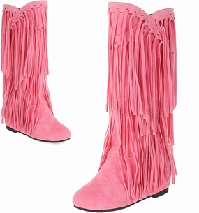 Optigard Women's Suede Plush Fringe Mid Calf Boots,Fashion Round Toe Pull On Retro Knee High Low Heel Dress Cowgirl Boots