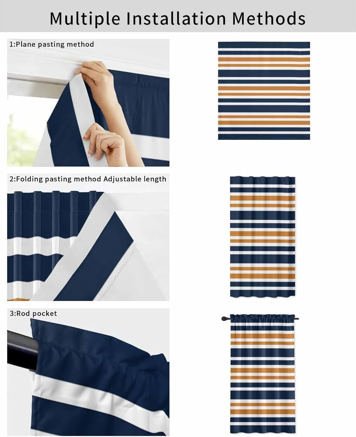 Orange Navy Blue Striped Self Adhesive Blackout Curtains with Tiebacks,Portable Rod Pocket Living Room Darkening Curtains for Kitchen,Gradient Horizontal Lines Thermal Insulated Windows Cover,47Wx54H