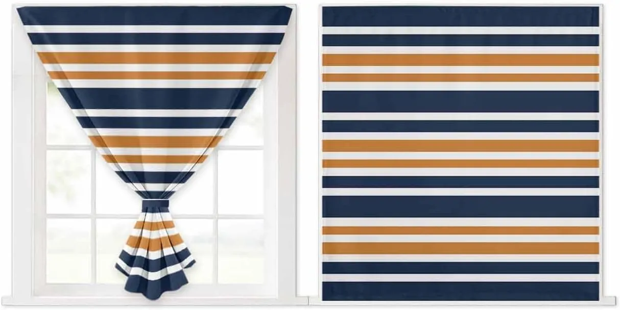 Orange Navy Blue Striped Self Adhesive Blackout Curtains with Tiebacks,Portable Rod Pocket Living Room Darkening Curtains for Kitchen,Gradient Horizontal Lines Thermal Insulated Windows Cover,47Wx54H