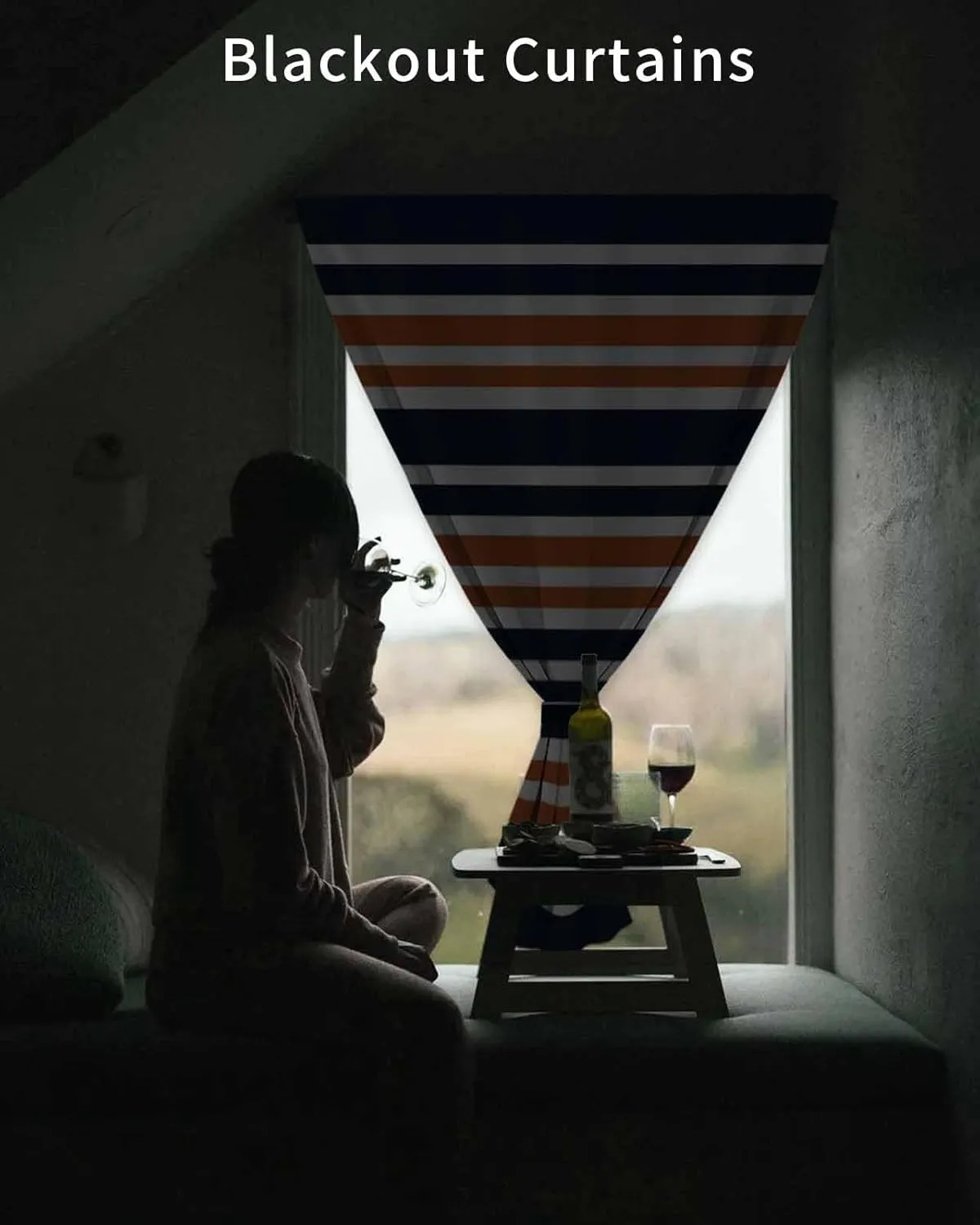 Orange Navy Blue Striped Self Adhesive Blackout Curtains with Tiebacks,Portable Rod Pocket Living Room Darkening Curtains for Kitchen,Gradient Horizontal Lines Thermal Insulated Windows Cover,47Wx54H