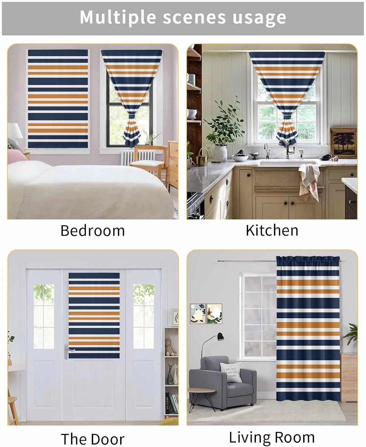 Orange Navy Blue Striped Self Adhesive Blackout Curtains with Tiebacks,Portable Rod Pocket Living Room Darkening Curtains for Kitchen,Gradient Horizontal Lines Thermal Insulated Windows Cover,47Wx54H