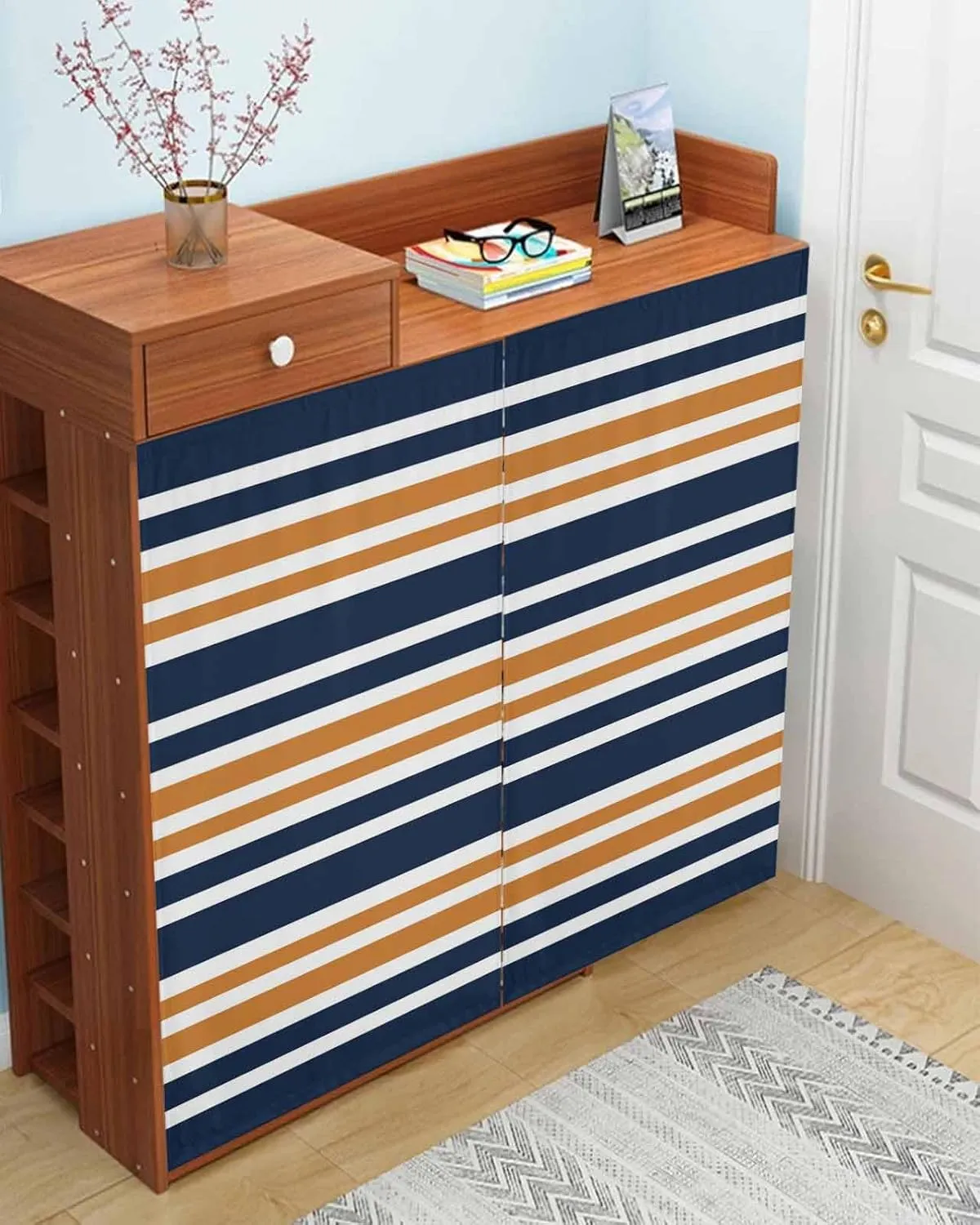 Orange Navy Blue Striped Self Adhesive Blackout Curtains with Tiebacks,Portable Rod Pocket Living Room Darkening Curtains for Kitchen,Gradient Horizontal Lines Thermal Insulated Windows Cover,47Wx54H