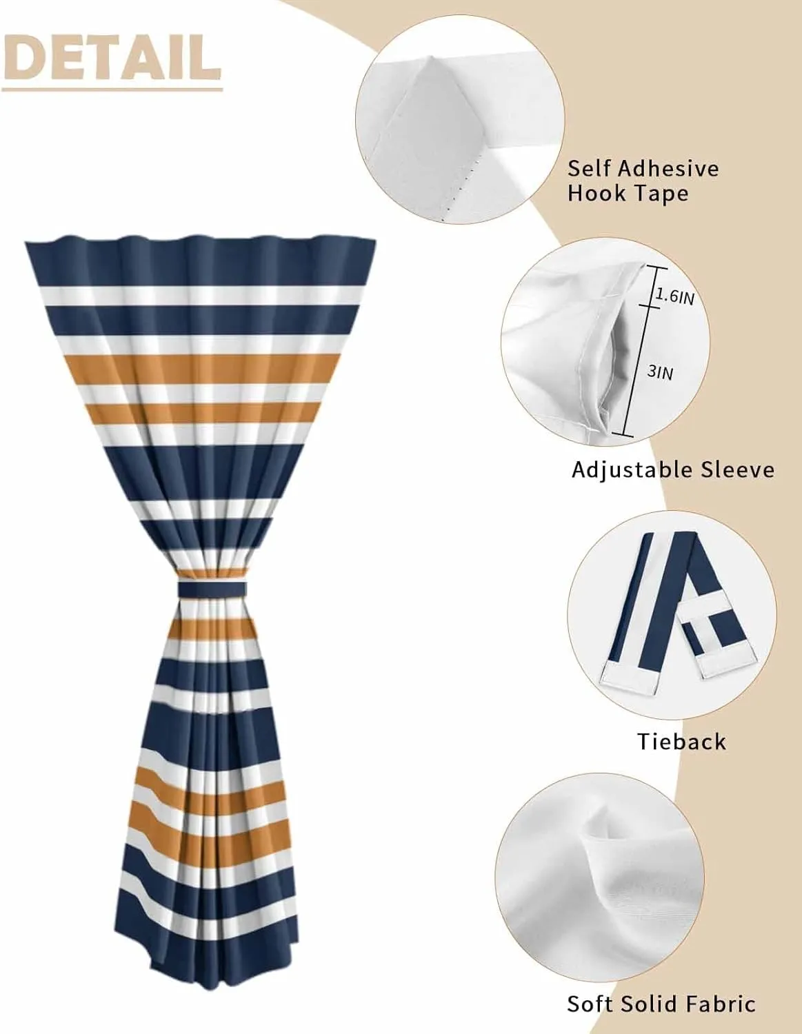 Orange Navy Blue Striped Self Adhesive Blackout Curtains with Tiebacks,Portable Rod Pocket Living Room Darkening Curtains for Kitchen,Gradient Horizontal Lines Thermal Insulated Windows Cover,47Wx54H