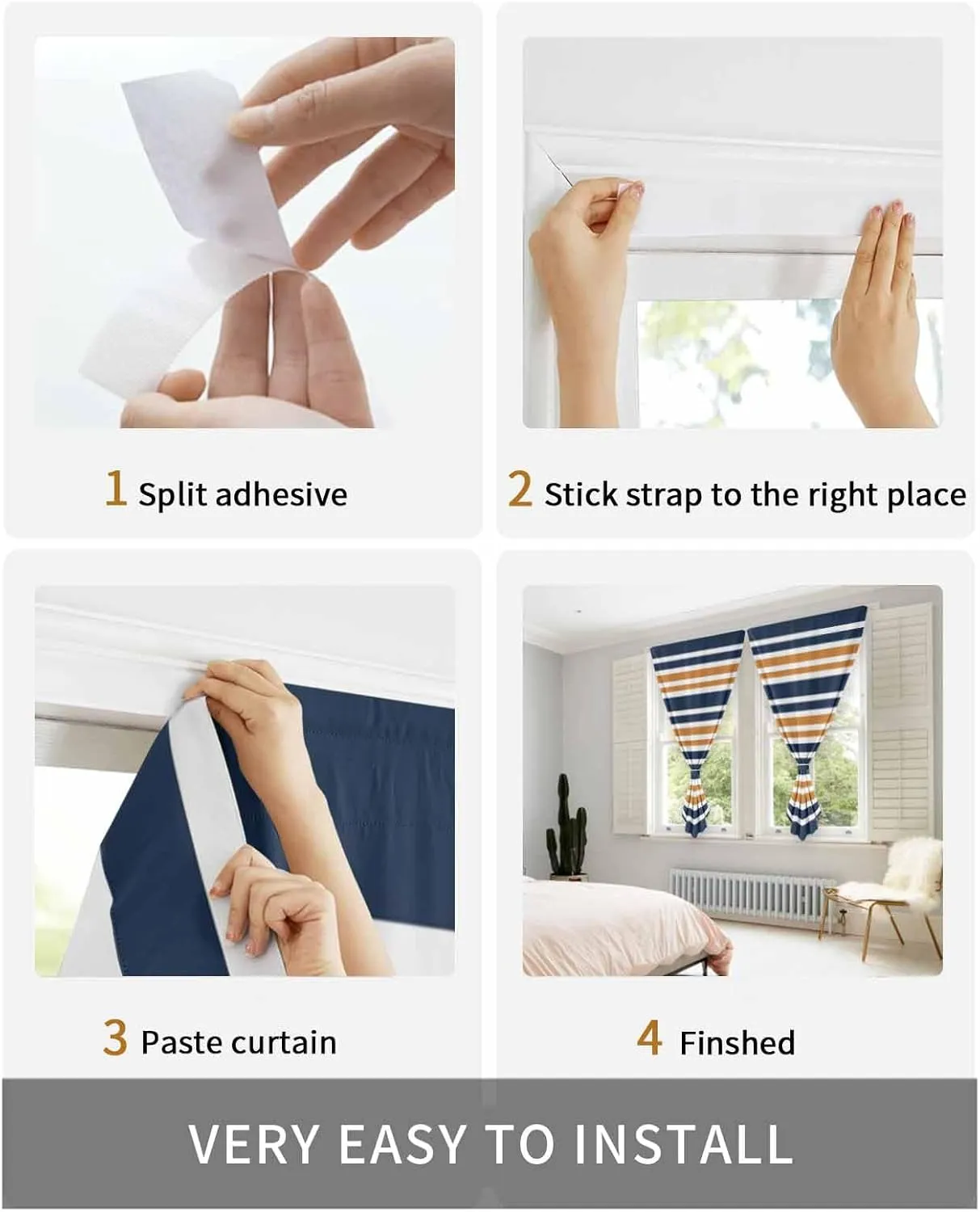 Orange Navy Blue Striped Self Adhesive Blackout Curtains with Tiebacks,Portable Rod Pocket Living Room Darkening Curtains for Kitchen,Gradient Horizontal Lines Thermal Insulated Windows Cover,47Wx54H