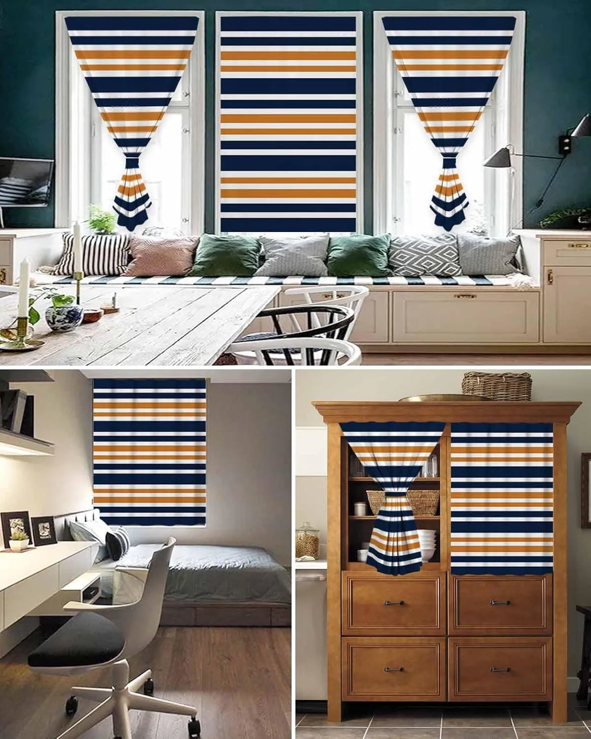 Orange Navy Blue Striped Self Adhesive Blackout Curtains with Tiebacks,Portable Rod Pocket Living Room Darkening Curtains for Kitchen,Gradient Horizontal Lines Thermal Insulated Windows Cover,47Wx54H