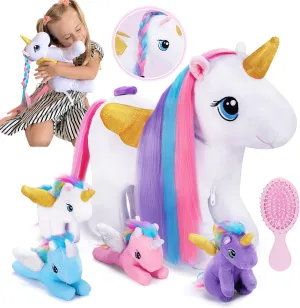 OUOZZZ Unicorn Stuffed Animal with 4 Babies Inside and a Comb 14.7" Colorful Rainbow Unicorn Plush for Kids, Girls, Daughters on Birthday, Christmas, Easter
