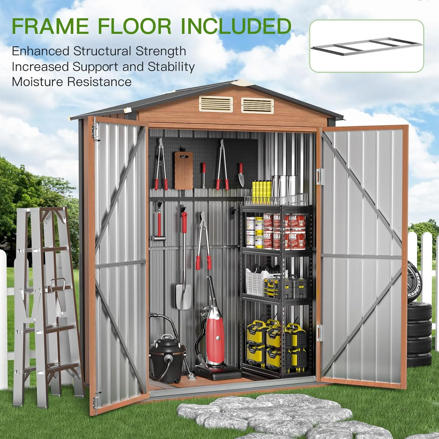 Outdoor Storage Shed, 5x3 Ft Metal Steel Tiny House with Frame Floor & Lockable Door, Vertical Outside Storage Building for Garden, Backyard, Lawn, Patio Utility, Tool Storage