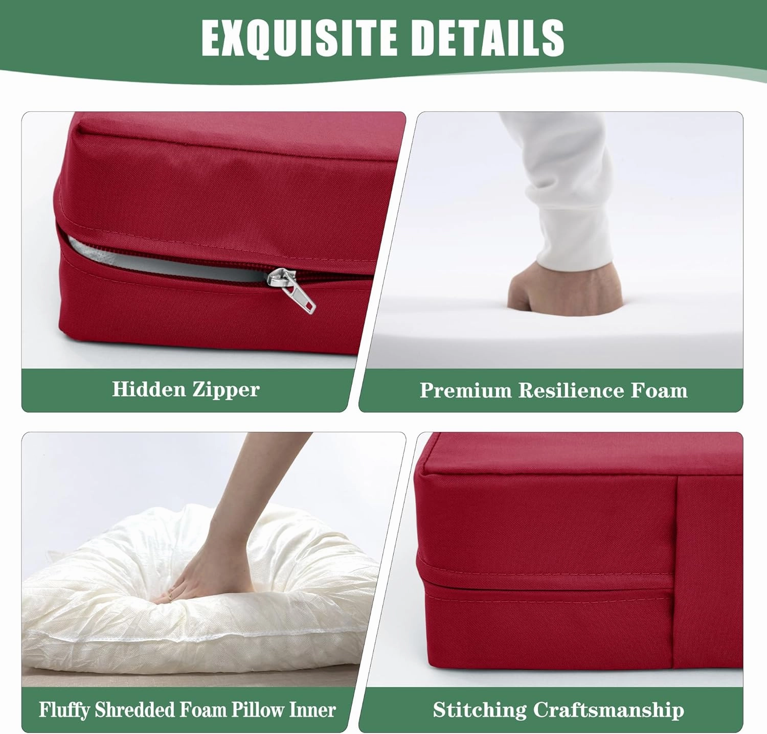Outdoor Chair Cushions for Patio Furniture with Waterproof Detachable Cover, Deep Seat Couch Cushion Replacement and Backrest Pillow Set for Sectional Sofa, 25.6 x 25.6 Inch, Red