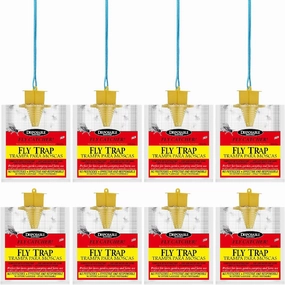 Outdoor Fly Traps 8 Pack with Adjustable Hanging Strings (8 PCS), Disposable Hanging Fly Traps with Natural Pre-Baited Bags | Effective Fly Killer for Backyard, Patio, Park or Farm Red