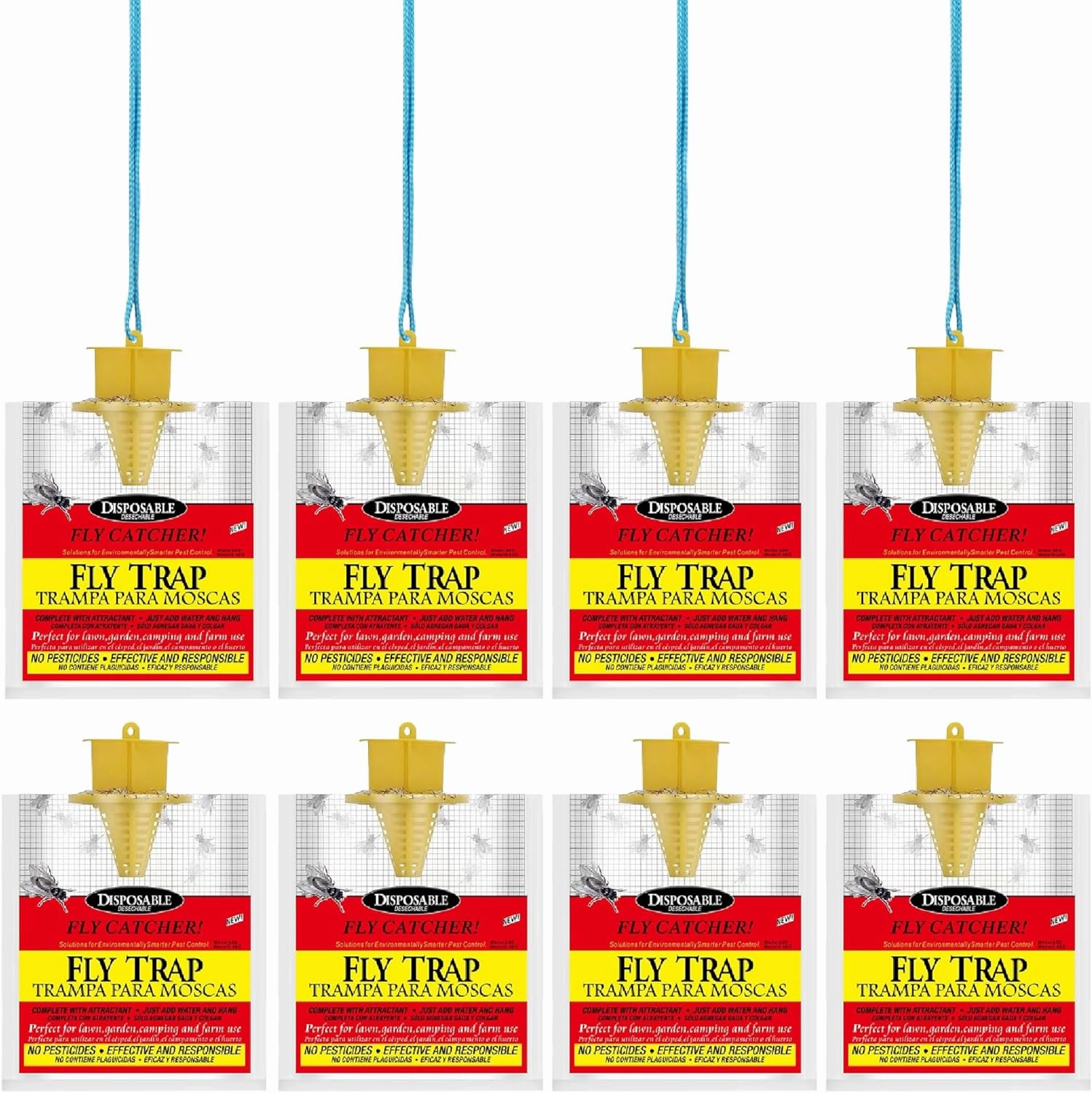 Outdoor Fly Traps 8 Pack with Adjustable Hanging Strings (8 PCS), Disposable Hanging Fly Traps with Natural Pre-Baited Bags | Effective Fly Killer for Backyard, Patio, Park or Farm Red