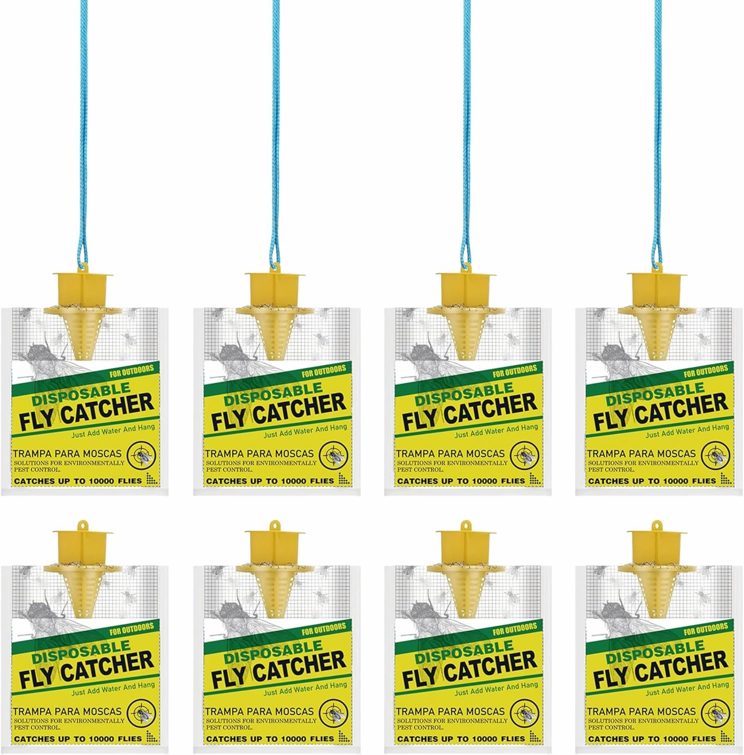 Outdoor Fly Traps 8 Pack with Adjustable Hanging Strings (8 PCS), Disposable Hanging Fly Traps with Natural Pre-Baited Bags | Effective Fly Killer for Backyard, Patio, Park or Farm Yellow
