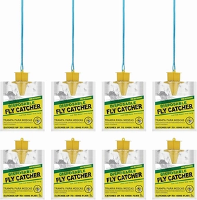 Outdoor Fly Traps 8 Pack with Adjustable Hanging Strings (8 PCS), Disposable Hanging Fly Traps with Natural Pre-Baited Bags | Effective Fly Killer for Backyard, Patio, Park or Farm Yellow