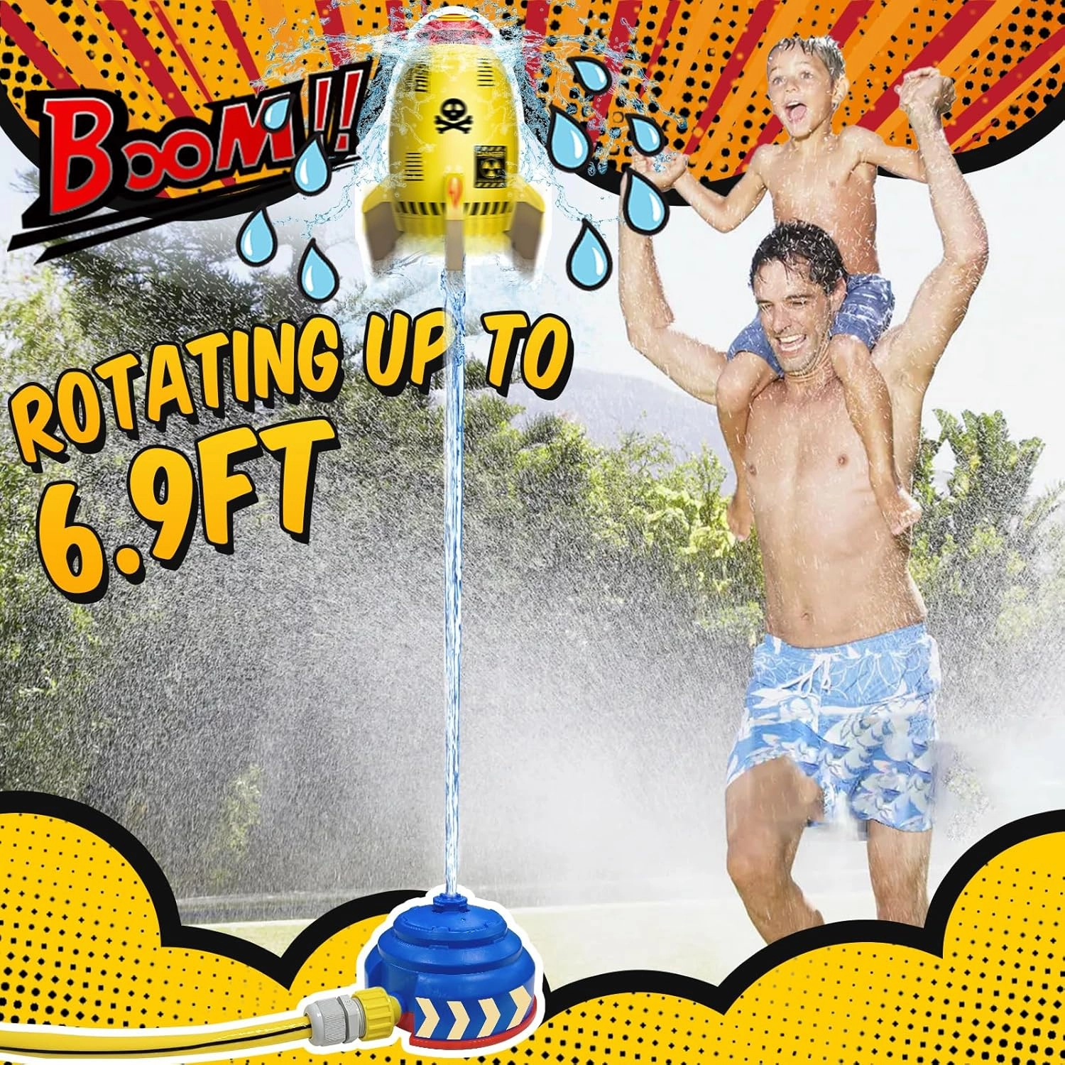 Outdoor Water Sprinkler Toys for Kids, Summer Water Rocket Sprinkler Launch Toys for Kids, Ideal Holiday Backyard Lawn Game Water Toy Birthday Gift for Boys Girls 3 Years and Up (Yellow)