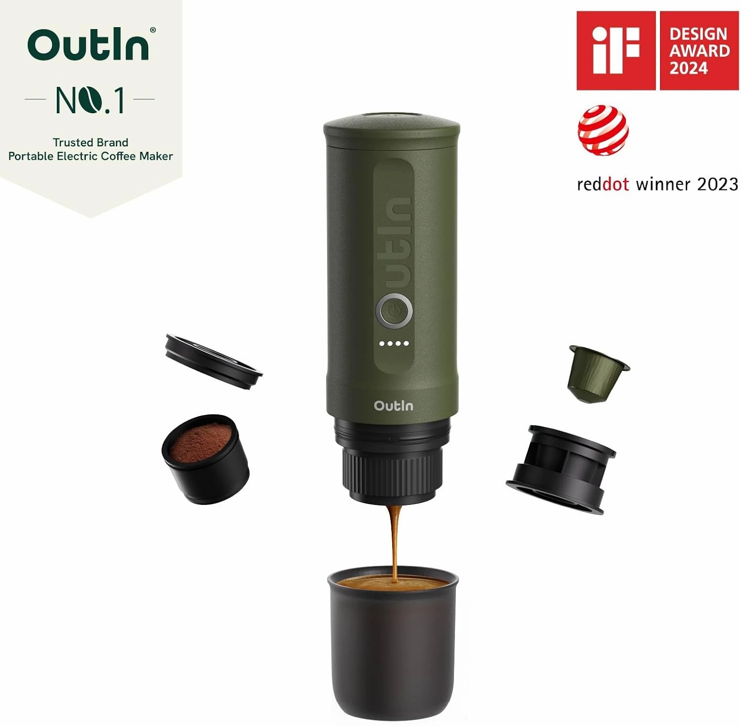 OutIn Nano Portable Electric Espresso Machine with 3-4 Min Self-Heating, 20 Bar Mini Small 5V Car Coffee Maker, Compatible with NS Capsule & Ground Coffee for Camping, Travel, RV, Hiking, Office