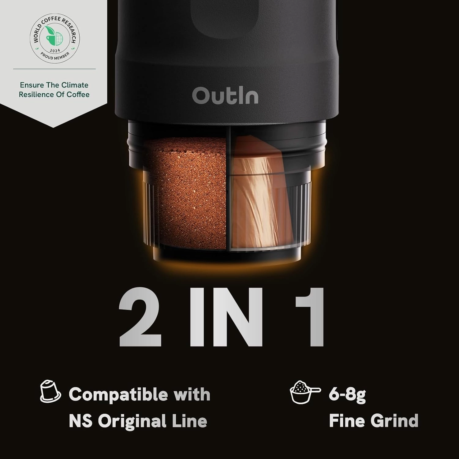 OutIn Nano Portable Electric Espresso Machine with 3-4 Min Self-Heating, 20 Bar Mini Small 5V Car Coffee Maker, Compatible with NS Capsule & Ground Coffee for Camping, Travel, RV, Hiking, Office
