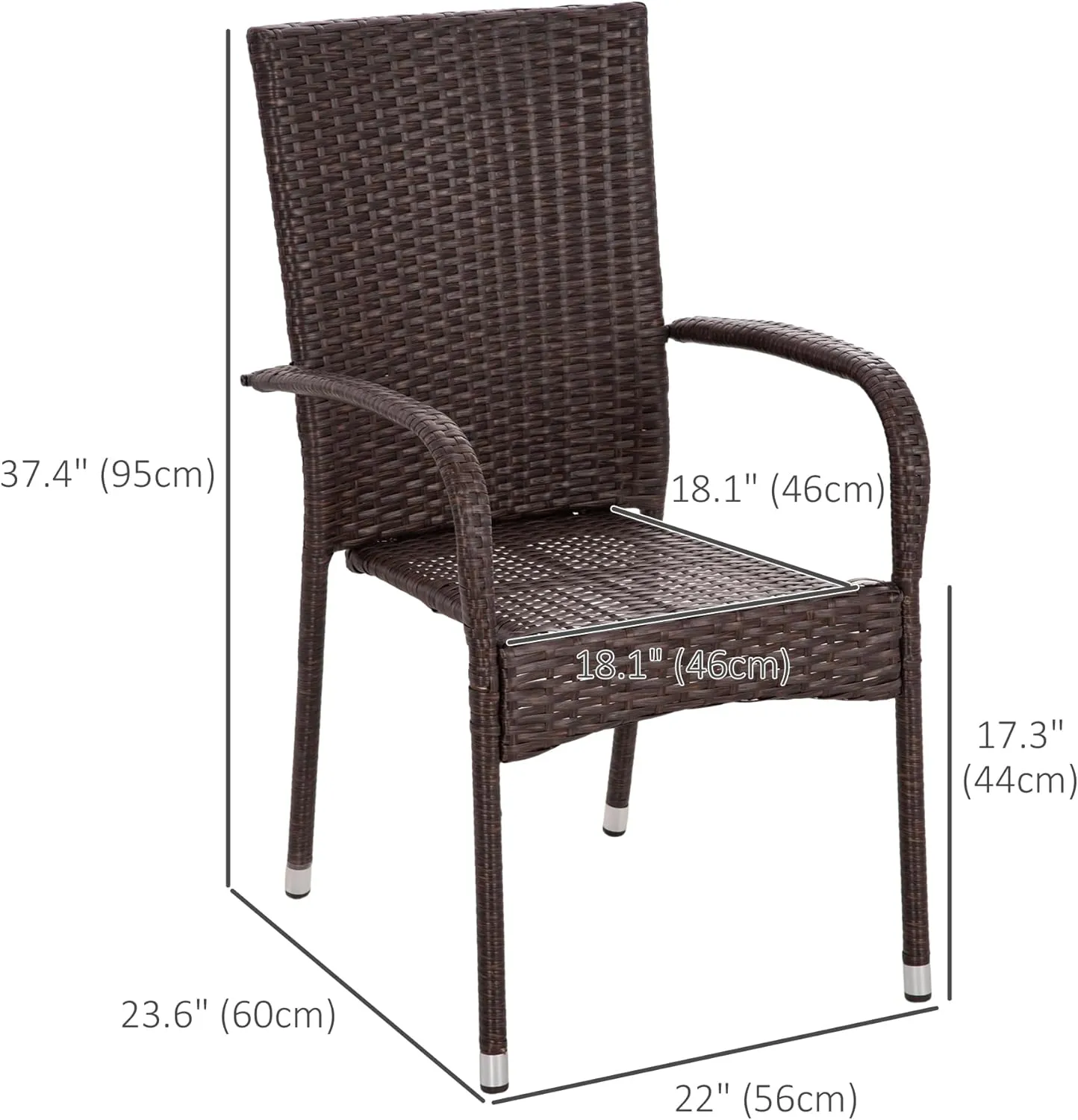 Outsunny Stackable PE Rattan Outdoor Dining Chairs with Cushions, Set of 2 Patio Wicker Dining Chairs with Armrests and Backrest for Patio, Deck, Blue