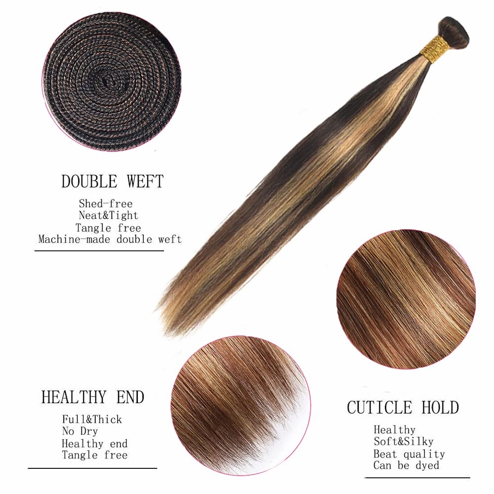 P4/27 Bundles Blonde Straight Human Hair Bundles Ombre Highlight Straight Bundles Human Hair Unprocessed Virgin Hair 1 Bundle 8 Inch Two Tone Brown and Honey Blonde Bundles Hair Weave