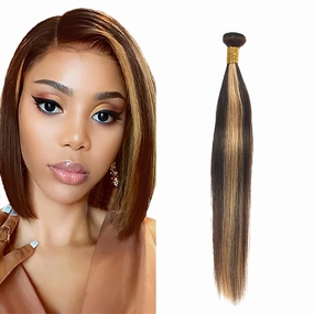 P4/27 Bundles Blonde Straight Human Hair Bundles Ombre Highlight Straight Bundles Human Hair Unprocessed Virgin Hair 1 Bundle 8 Inch Two Tone Brown and Honey Blonde Bundles Hair Weave